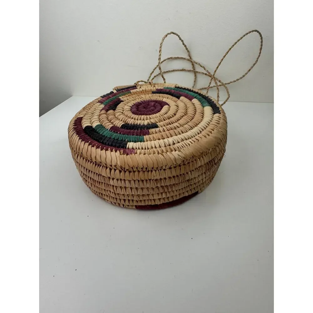 OOAK Tan Handbag Straw Hand Woven Circle Double Handle Strap Crossbody Bag
